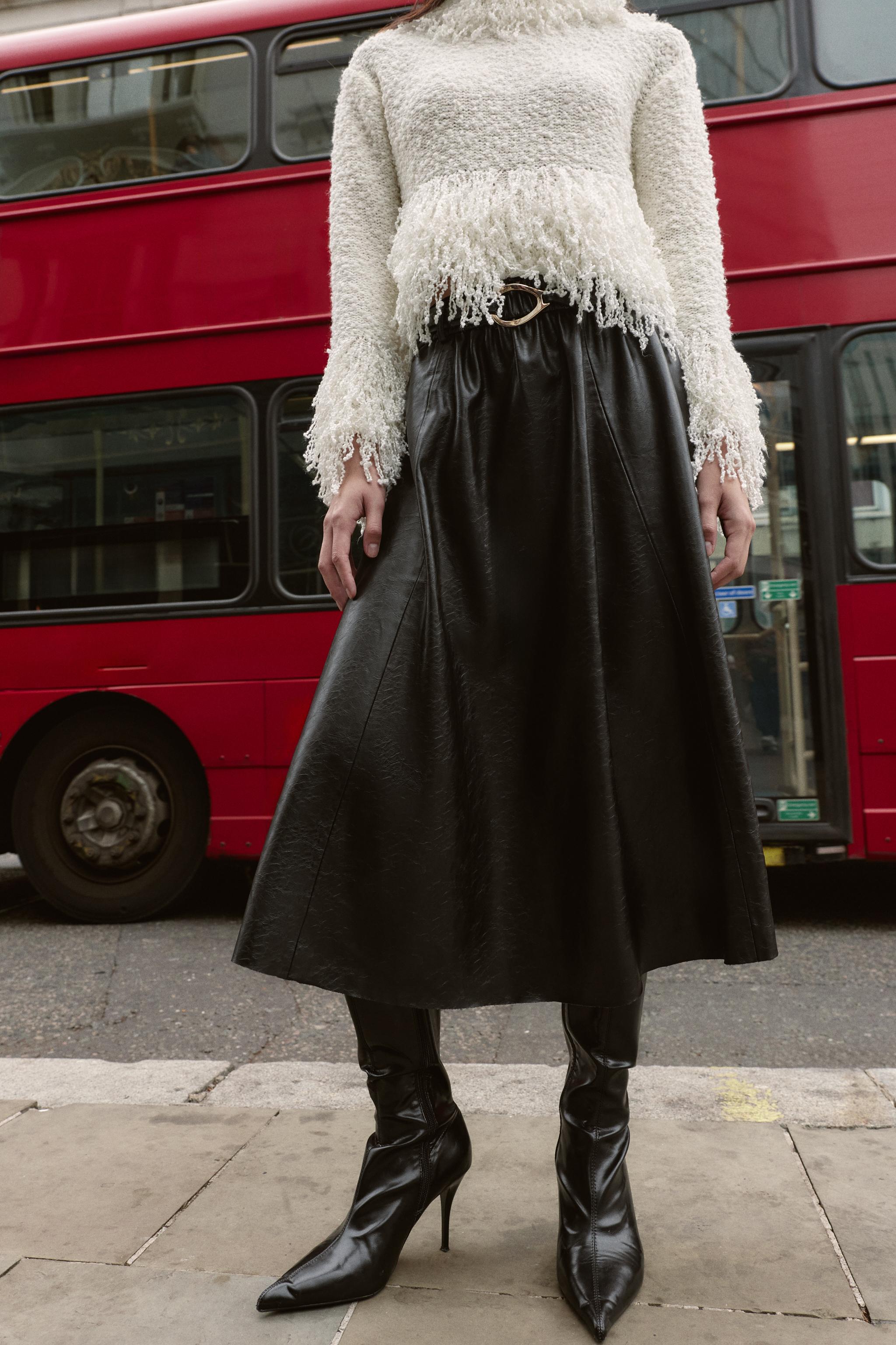 FAUX LEATHER LAYERED BELTED MIDI SKIRT